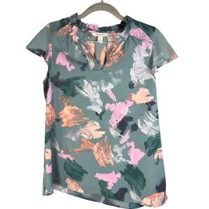 Nine West Womens Blue, Pink, and Orange Abstract Ruffle Neck Blouse Top Small